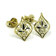 SOLID 18K YELLOW WHITE GOLD EARRINGS, PETAL, FLOWER, WAVY, 12x10 mm, RHOMBUS.