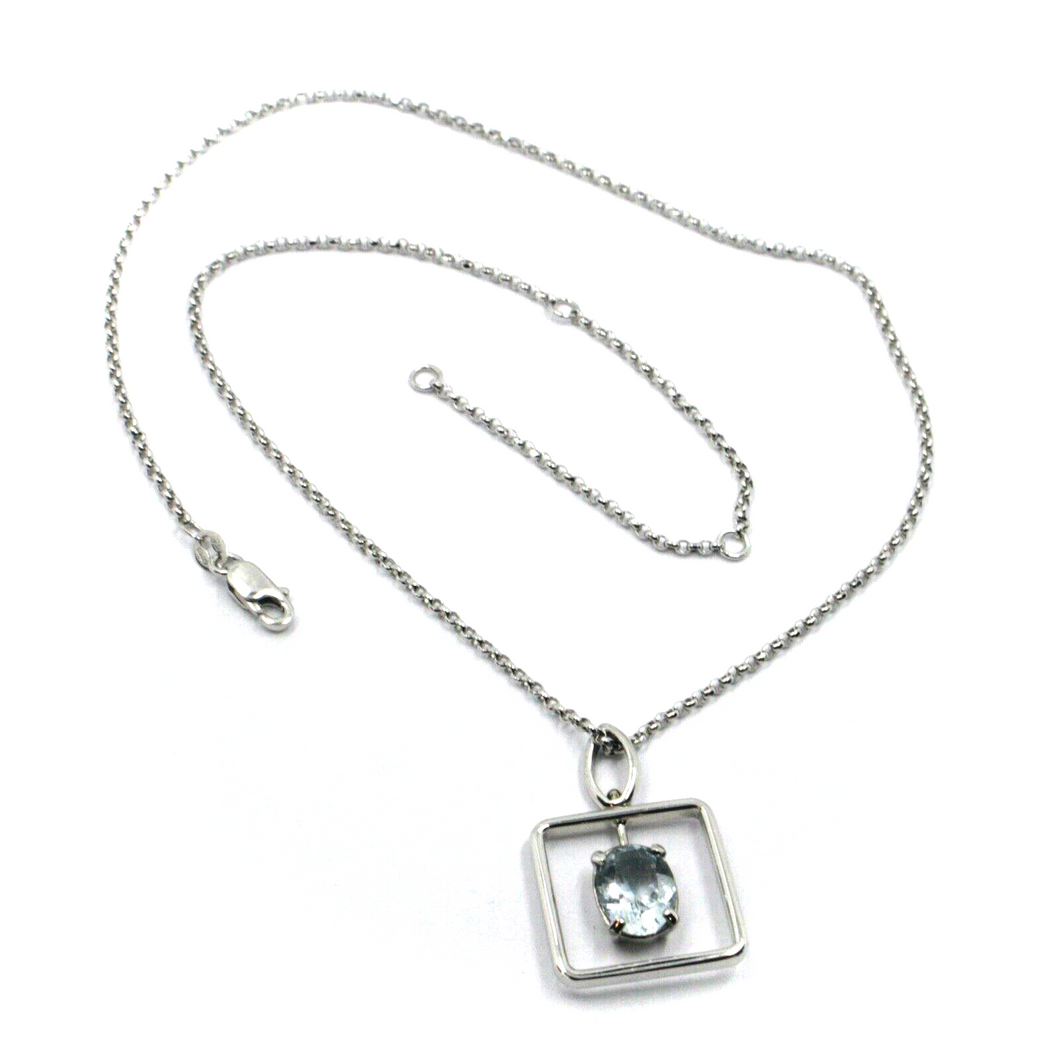 solid 18k white gold oval aquamarine 1.80 ct square pendant, rolo chain necklace.