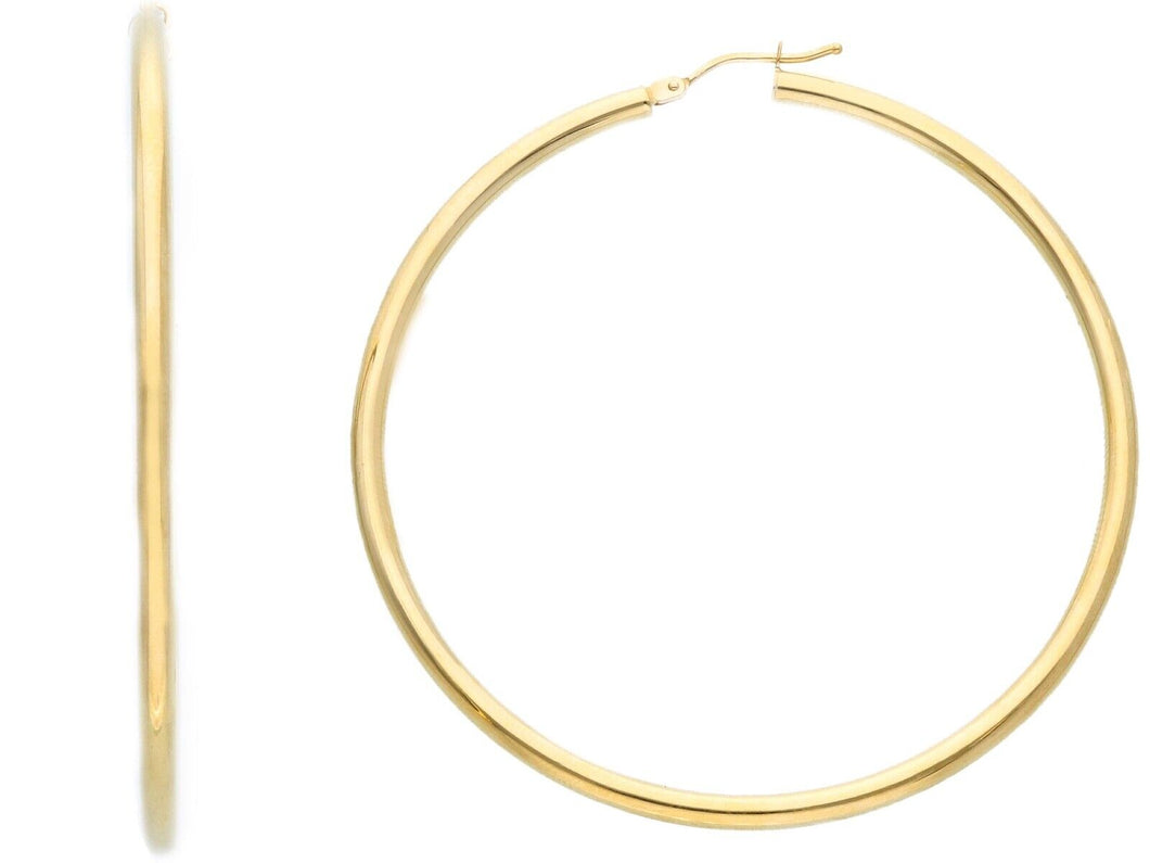 18k yellow gold round circle hoops earrings internal diameter 50mm, width 2.5mm.