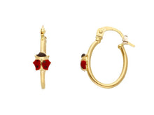 Load image into Gallery viewer, 18k yellow gold hoops circle oval 18mm earrings with puffed 5mm enamel ladybug.
