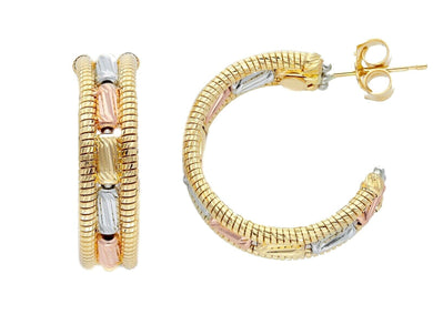 18K YELLOW WHITE ROSE GOLD HOOPS EARRINGS FINELY WORKED ALTERNATE FACETED TUBES.