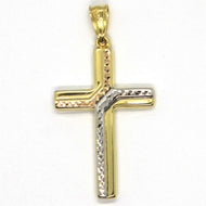 18K YELLOW WHITE ROSE GOLD FINELY WORKED HAMMERED SQUARE CROSS, MADE IN ITALY.