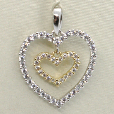 18k yellow and white gold heart double pendant charm with cubic zirconia.