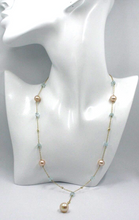 Load image into Gallery viewer, 18k yellow gold lariat necklace faceted 6mm oval aquamarine pink pearls zirconia.
