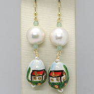 18k yellow gold earrings aventurine & ceramic drop home hand painted in Italy.