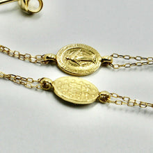Load image into Gallery viewer, 18k yellow gold pendant earrings, fw disc pearls and miraculous medal, 2.56&quot;

