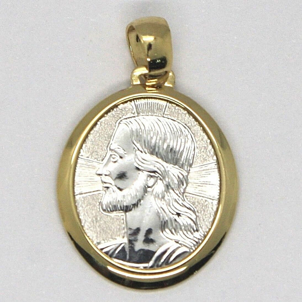 18k yellow & white gold pendant oval medal Jesus face engravable made in Italy