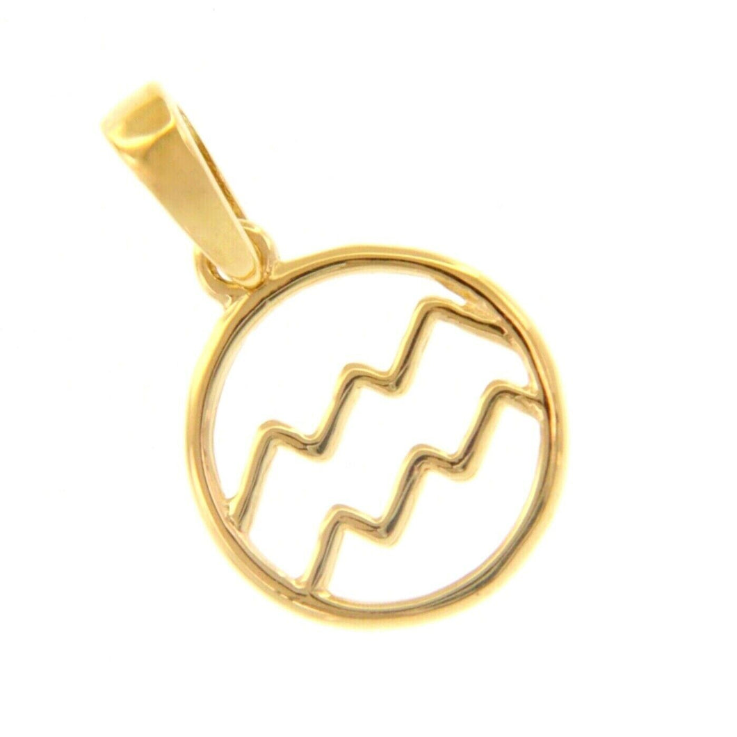 18k yellow gold zodiac sign round mini 12mm pendant, aquarius stylized zodiacal.