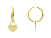 Load image into Gallery viewer, 18K YELLOW GOLD EARRINGS, ROUND 14mm CIRCLE HOOPS, SMALL PENDANT 8mm HEARTS.
