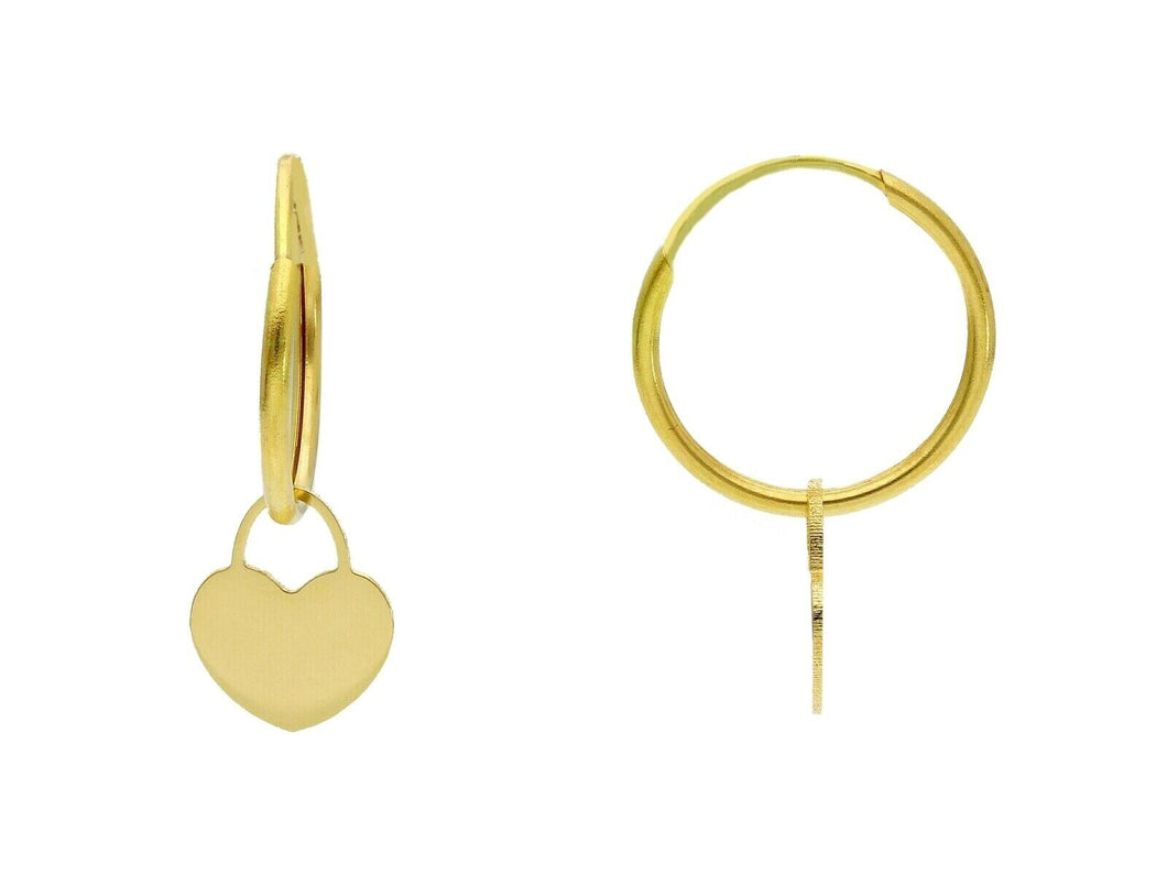 18K YELLOW GOLD EARRINGS, ROUND 14mm CIRCLE HOOPS, SMALL PENDANT 8mm HEARTS.
