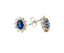 Load image into Gallery viewer, 18k white gold flower earrings oval blue crystal and cubic zirconia frame
