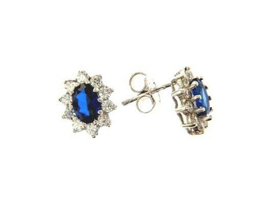 18k white gold flower earrings oval blue crystal and cubic zirconia frame.