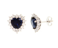 18k white gold heart earrings, blue recrystallized sapphire, zirconia frame.