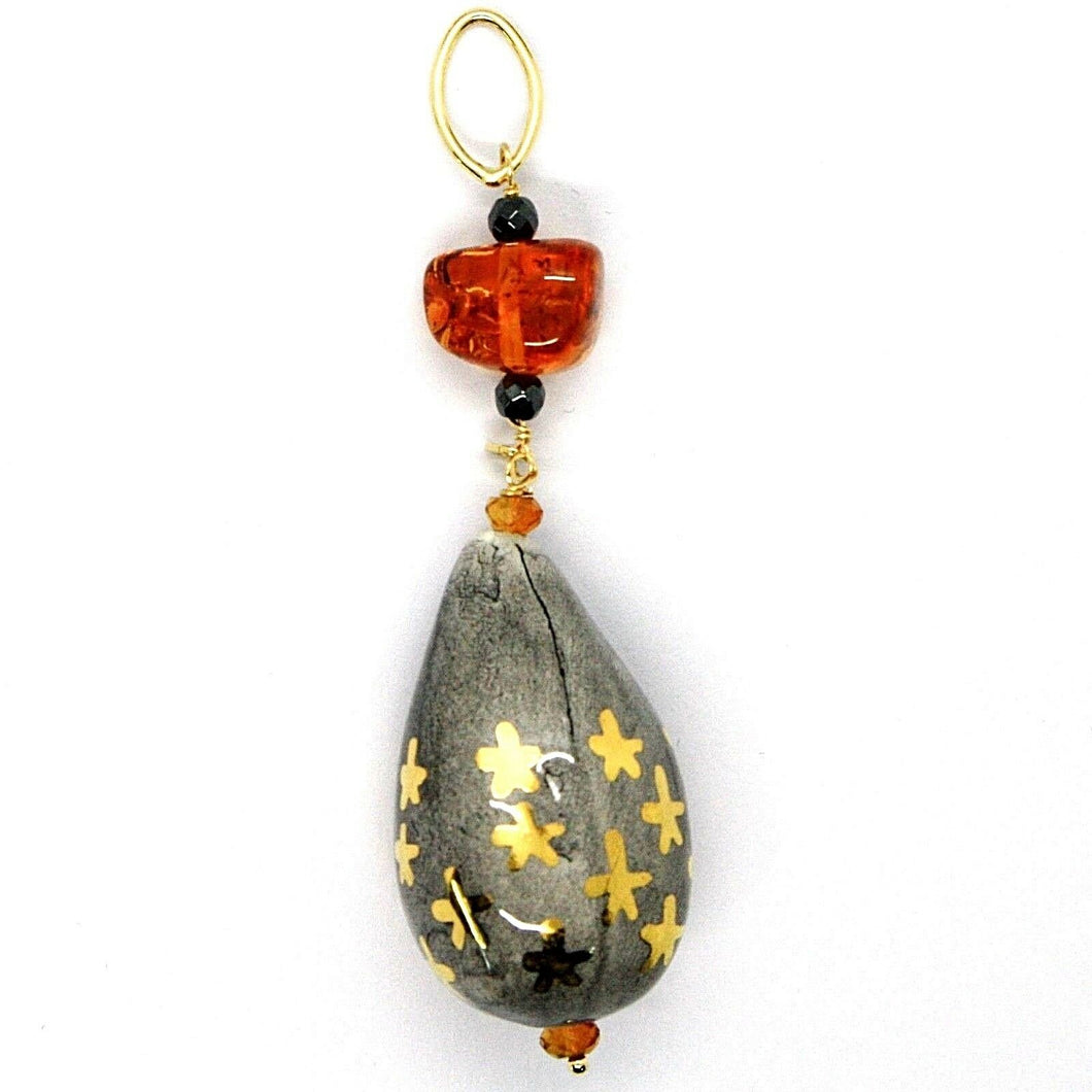 18K YELLOW GOLD PENDANT, AMBER, CITRINE POTTERY DROPS HAND PAINTED IN ITALY STAR