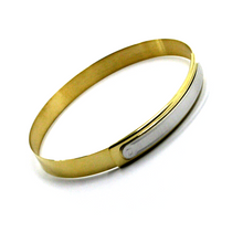 Load image into Gallery viewer, SOLID 18K YELLOW WHITE GOLD UNISEX RIGID BANGLE 7 mm FLAT BRACELET, SATIN PLATE.
