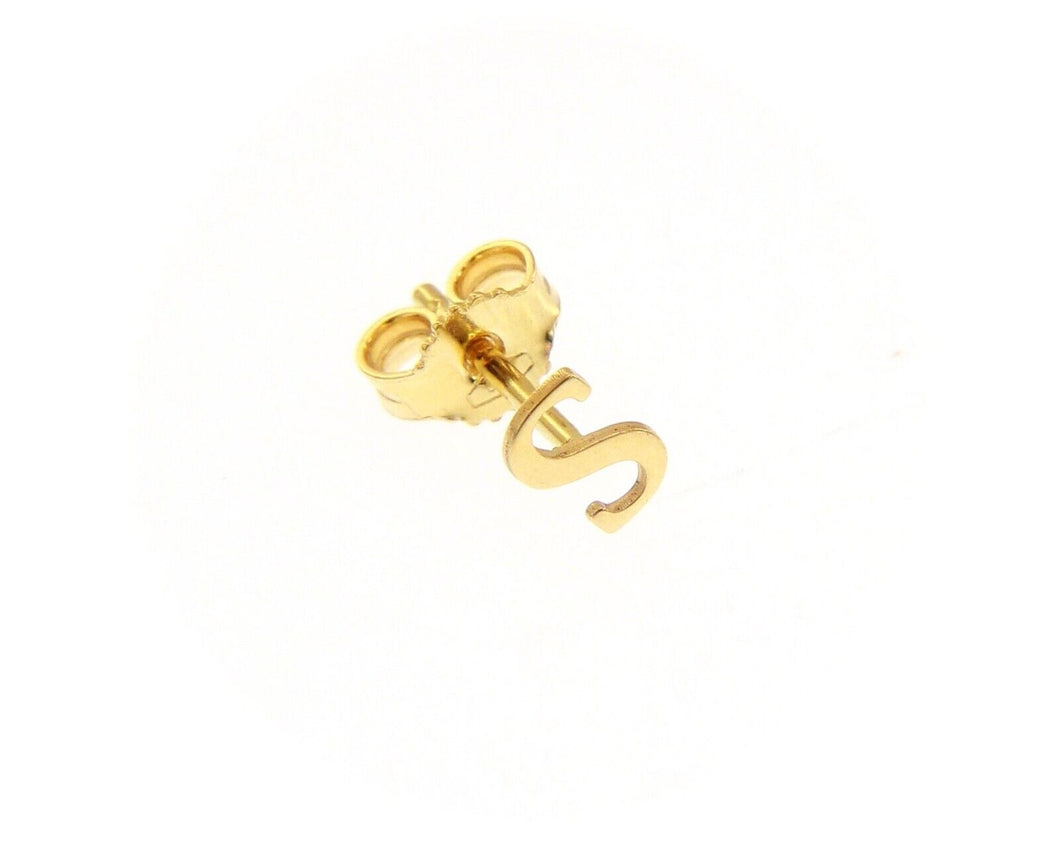 18K YELLOW GOLD BUTTON SINGLE EARRING, FLAT SMALL LETTER INITIAL S 6mm 0.24