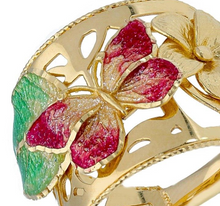 Load image into Gallery viewer, 18K YELLOW GOLD BAND RING WITH FINELY WORKED ENAMEL RED BUTTERFLY, LEAF, FLOWER.
