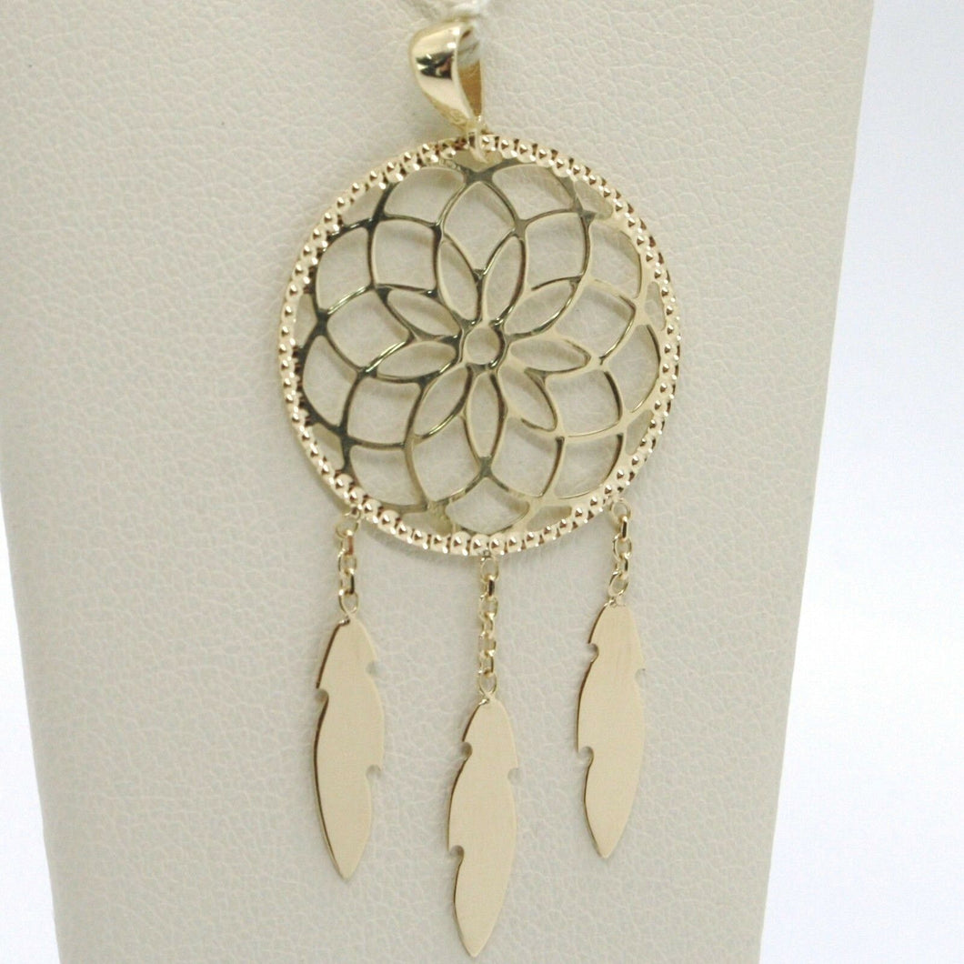 18K YELLOW GOLD DREAMCATCHER PENDANT, FEATHER, MADE IN ITALY, 1.8 INCHES, 45 MM.
