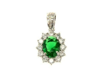 18k white gold flower pendant big oval green 9x7mm crystal, cubic zirconia frame.