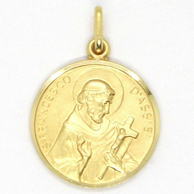 18k yellow gold St Saint Francis Francesco Assisi medal, made in Italy, 19 mm.