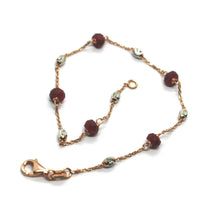 Load image into Gallery viewer, 18k rose gold anklet, alternate 4mm red ruby &amp; 3mm faceted white balls 9.8&quot; 25cm.
