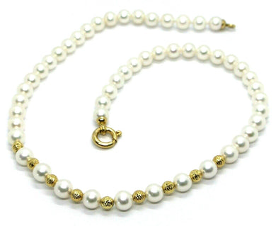 18k yellow gold big 7/7.5 white freshwater pearls necklace, diamond cut balls.