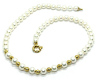 18k yellow gold big 7/7.5 white freshwater pearls necklace, diamond cut balls.