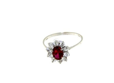 18k white gold flower ring oval red crystal and cubic zirconia frame.