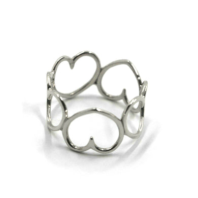 SOLID 18K WHITE GOLD BAND WIRE RING, ROW OF 10mm HEARTS, HEART, MADE IN ITALY.