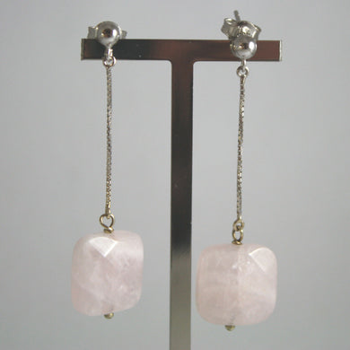SOLID 18K WHITE GOLD EARRINGS, WITH SQUARE PINK QUARTZ, LENGTH 2.13 INCHES.