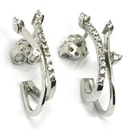 SOLID 18K WHITE GOLD PENDANT EARRINGS WITH CUBIC ZIRCONIA, DROP, DOUBLE WAVE.