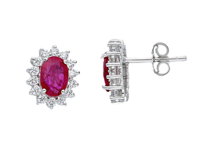 18K WHITE GOLD EARRINGS OVAL 1.65ct RED RUBIES & DIAMONDS FRAME, 11mm LENGTH.
