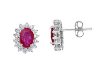 18K WHITE GOLD EARRINGS OVAL 1.65ct RED RUBIES & DIAMONDS FRAME, 11mm LENGTH.