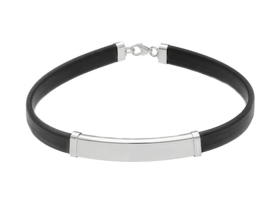 18K WHITE GOLD BRACELET 6mm RECTANGULAR FLAT SMOOTH PLATE & BLACK RUBBER, 8.3