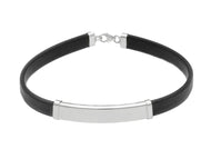 18K WHITE GOLD BRACELET 6mm RECTANGULAR FLAT SMOOTH PLATE & BLACK RUBBER, 8.3