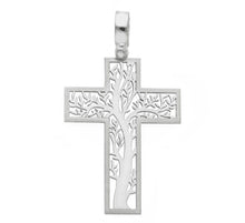 Load image into Gallery viewer, 18K WHITE GOLD FLAT SQUARE STYLIZED CROSS WITH TREE OF LIFE LENGTH 29mm, 1.14&quot;.
