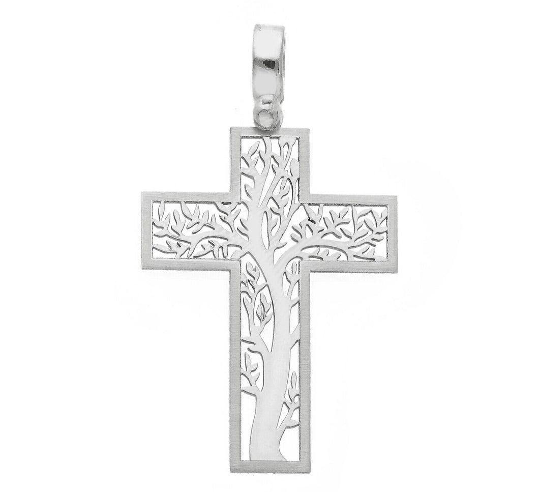 18K WHITE GOLD FLAT SQUARE STYLIZED CROSS WITH TREE OF LIFE LENGTH 29mm, 1.14