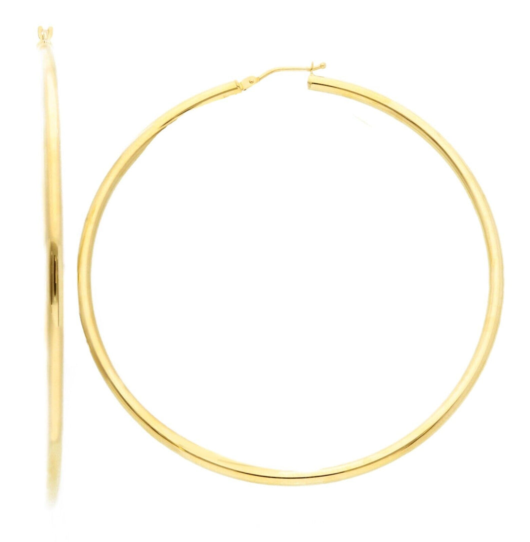 18k yellow gold round circle hoops earrings internal diameter 60mm, width 2.5mm.