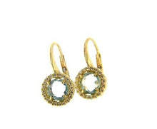 Load image into Gallery viewer, 18k yellow gold leverback earrings cushion blue topaz and cubic zirconia frame.
