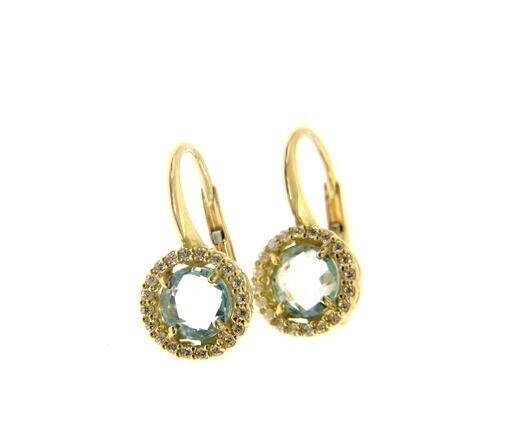 18k yellow gold leverback earrings cushion blue topaz and cubic zirconia frame.