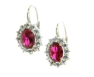18k white gold flower leverback earrings big 7x9mm oval red crystal, zirconia.
