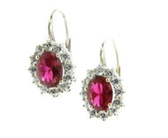 18k white gold flower leverback earrings big 7x9mm oval red crystal, zirconia.