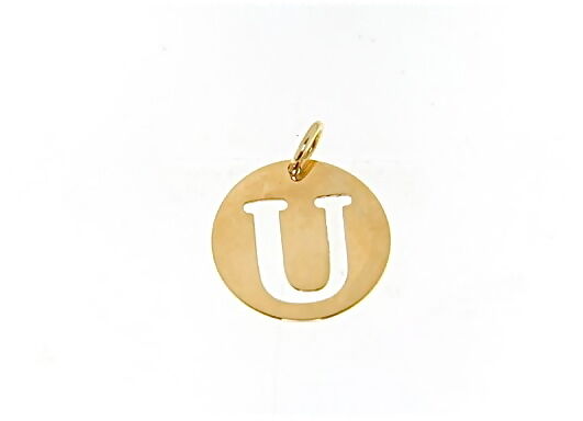 18K YELLOW GOLD LUSTER ROUND MEDAL WITH LETTER U MADE IN ITALY DIAMETER 0.5 IN