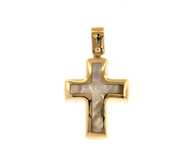 Load image into Gallery viewer, 18k yellow gold 17mm rounded stylized cross with mother of pearl pendant.
