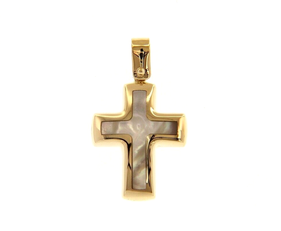 18k yellow gold 17mm rounded stylized cross with mother of pearl pendant.