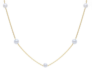 18k yellow gold necklace, cable oval chain alternate white small pearls 4-4.5mm.
