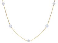 18k yellow gold necklace, cable oval chain alternate white small pearls 4-4.5mm.