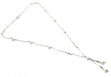 18k white gold lariat necklace square chain round white pearl double pendant.