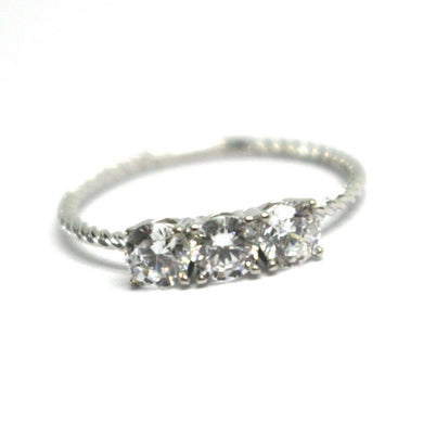 SOLID 18K WHITE GOLD RING, TRILOGY CUBIC ZIRCONIA 1.2ct WIRE ROUND BRAID TUBE.