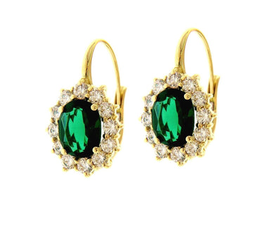 18k yellow gold flower leverback earrings big 7x9mm oval green crystal, zirconia.